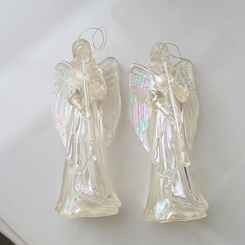 Vintage Clear Iridescent Hard Plastic Trumpet Angel Lighted Ornaments